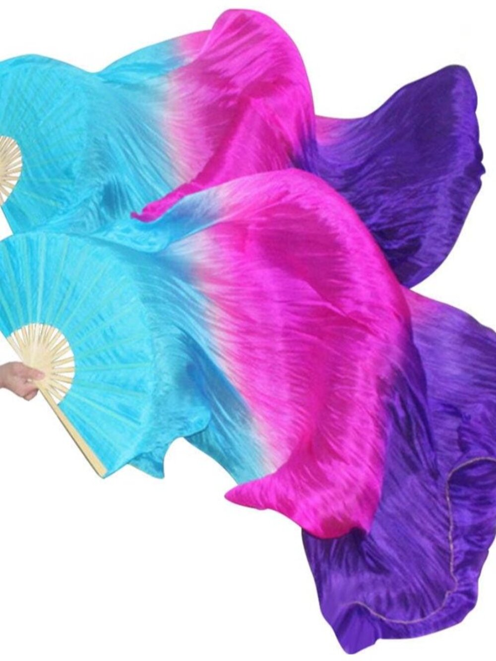 1 PairLeft+Right Women Real Silk Belly Dance Fan Veil, Length 180cm Width 90cm
